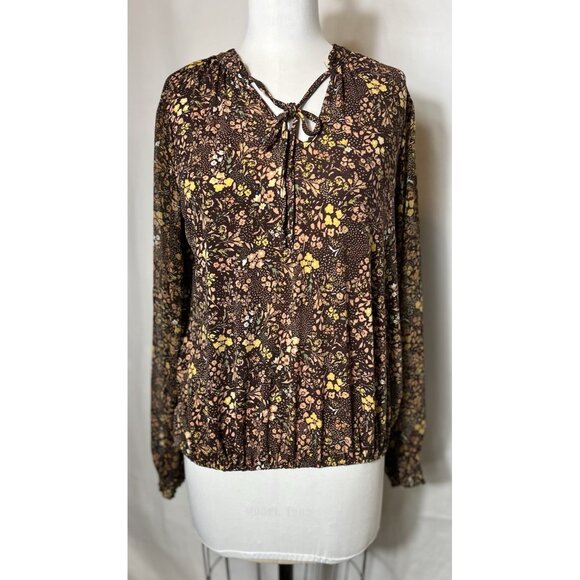 cure Tops - Cure Floral Blouse long sheer sleeves with gold threads sz large elastic bottom